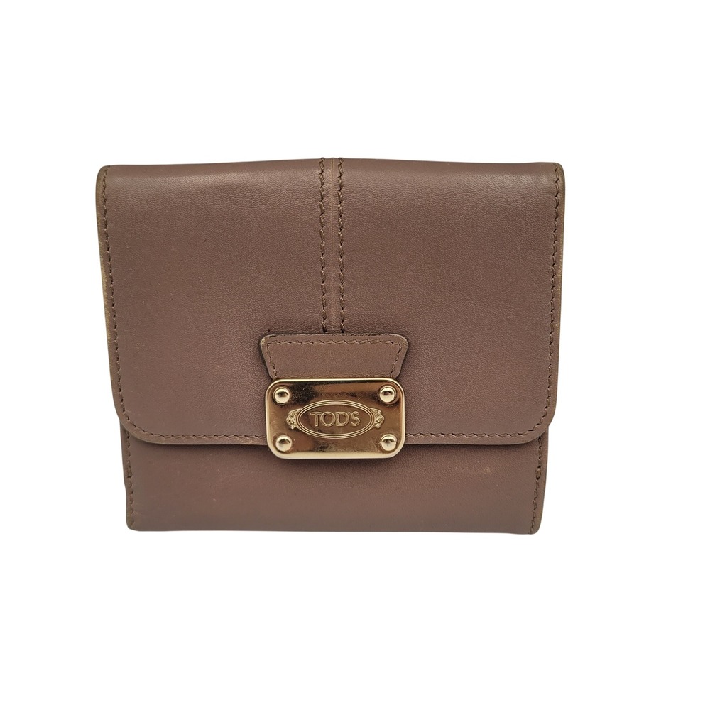 Tods Mauve Leather Compact Bifold Wallet Gold Logo Made in Italy